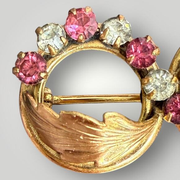 Vintage C.T. 1/20 10KT Gold Filled Double Circle Brooch Pink & Clear Rhinestones - Picture 2 of 8